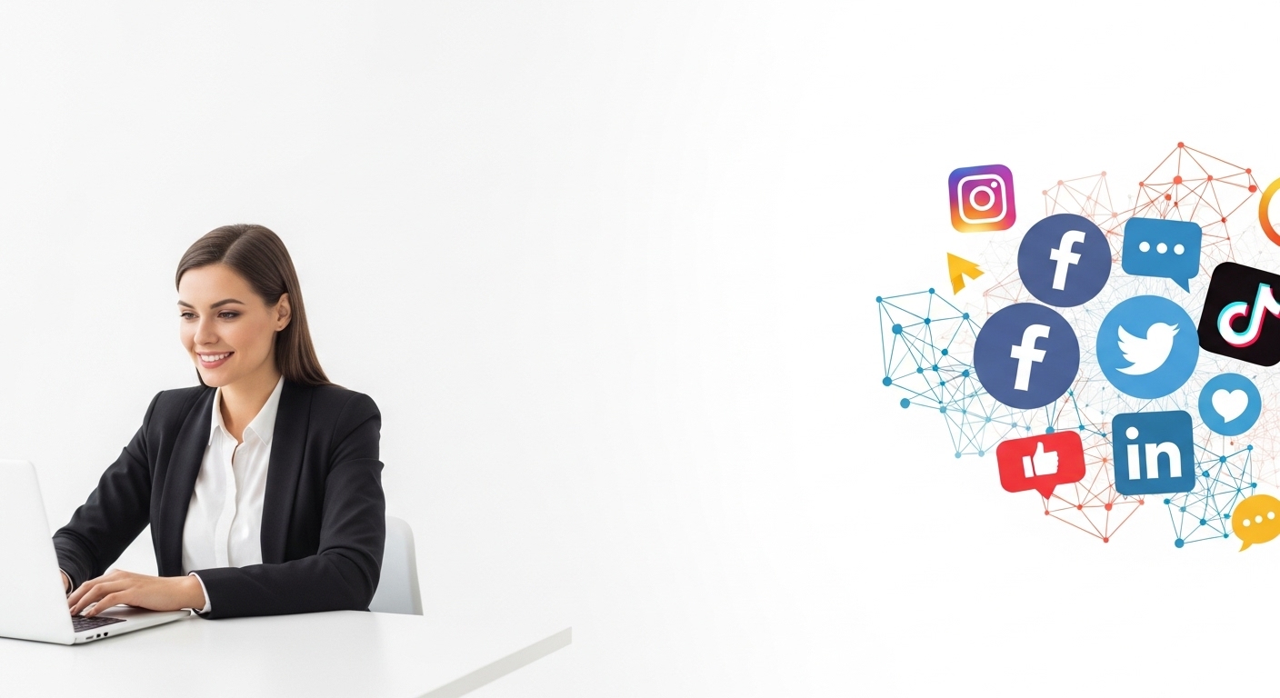 Mujer profesional de marketing con laptop y logos de redes sociales