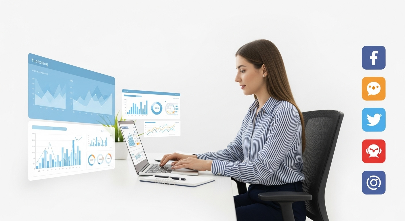 Profesional de marketing utilizando un dashboard con analíticas y redes sociales